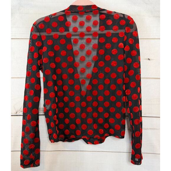 ZARA Black with Red Velvet Polka Dots Sz SM Blouse Sheer - Picture 2 of 4